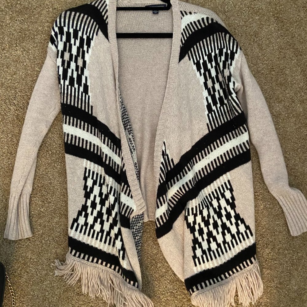 Tan, Black, & White Fringe Cardigan